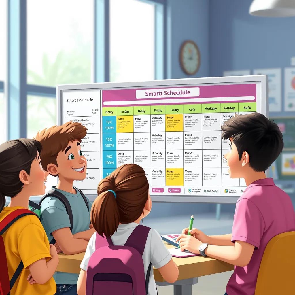 A group of students discussing their balanced daily schedule displayed on the smart schedule board, with smiles and enthusiasm, showing teamwork and learning, cheerful colors, bright light, adventure in learning, digital art, fun atmosphere, engaging