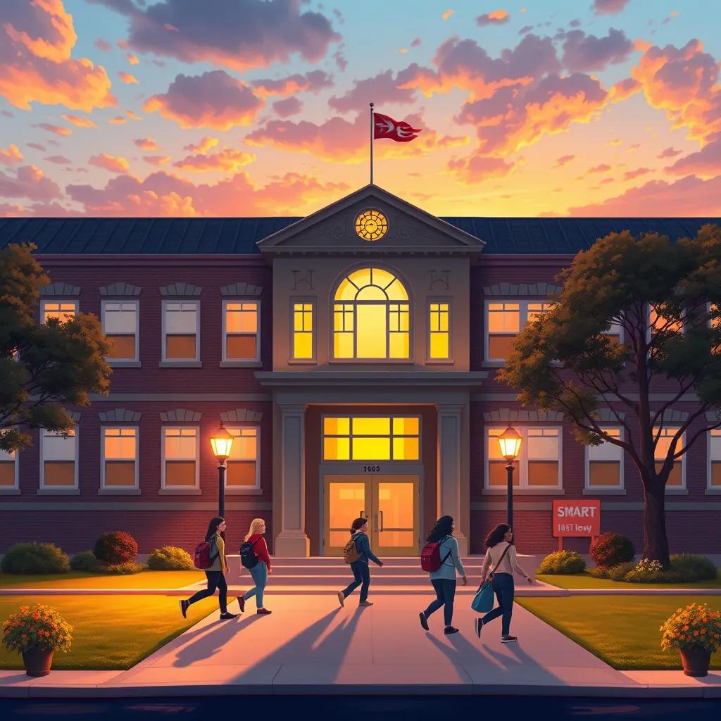 The school building at sunset, a proud symbol of the successful implementation of the smart schedule, with teachers and students happily leaving for the day, warm colors, welcoming ambiance, digital painting, reflective, joyful