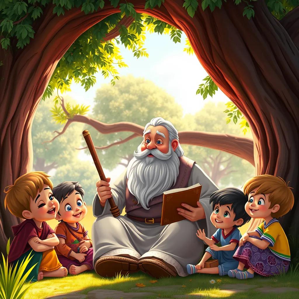 A wise old man, Saeed, with a white beard and blue eyes, sitting under a large tree, surrounded by happy children listening to his stories, warm afternoon light, colorful scenery, joyful atmosphere, high quality