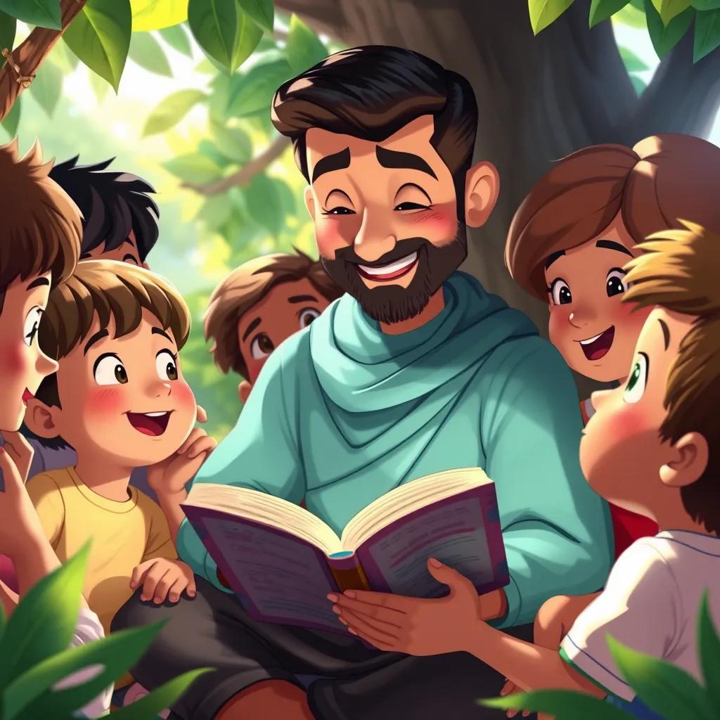 An illustration of children gathered around Saeed, eagerly listening to his impactful stories, expressions of awe and excitement on their faces, soft sunlight filtering through the leaves, bright and cheerful colors, detailed illustration