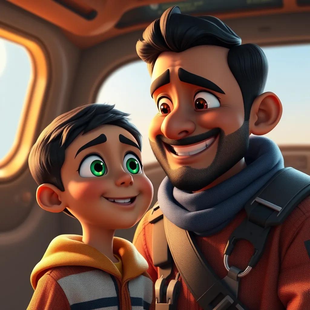 A young boy, Ali, with bright eyes and an eager face, stands in front of Saeed, asking how to achieve his dream of becoming a pilot, wisdom in Saeed's smile, intimate setting, warm light, lively colors, high quality