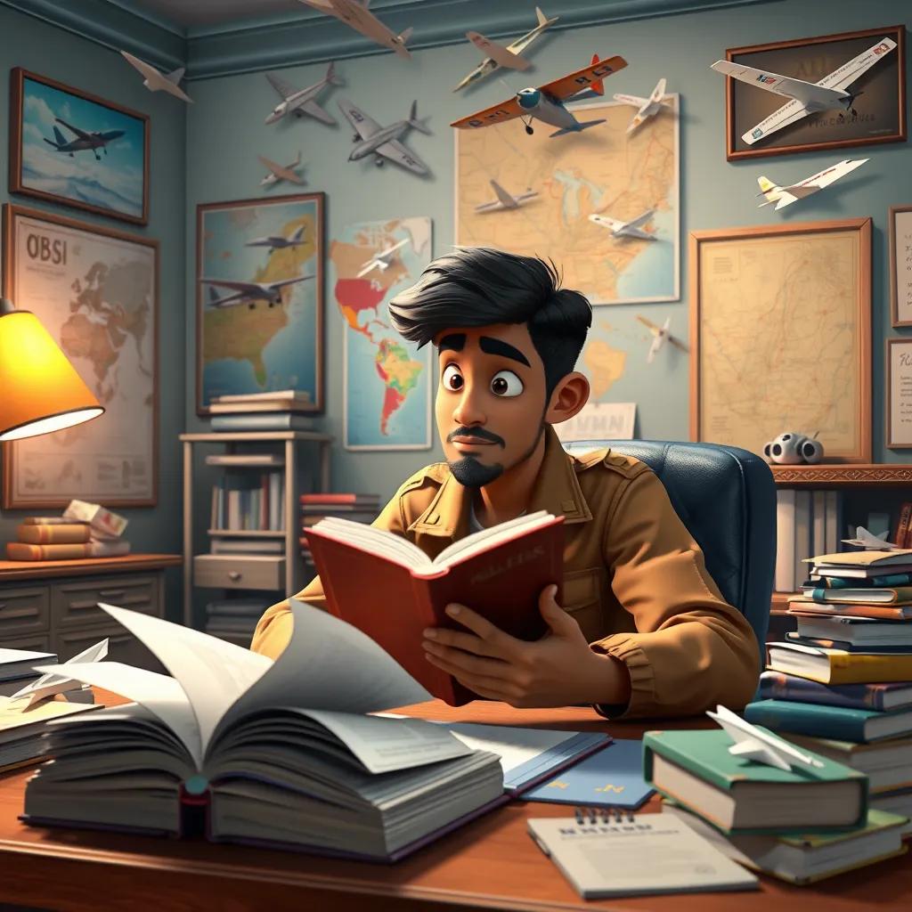 Ali studying books about aviation at a desk, surrounded by paper airplanes and posters of airplanes, a sense of determination on his face, detailed interior, inspirational setting, vibrant colors, well-lit, high quality