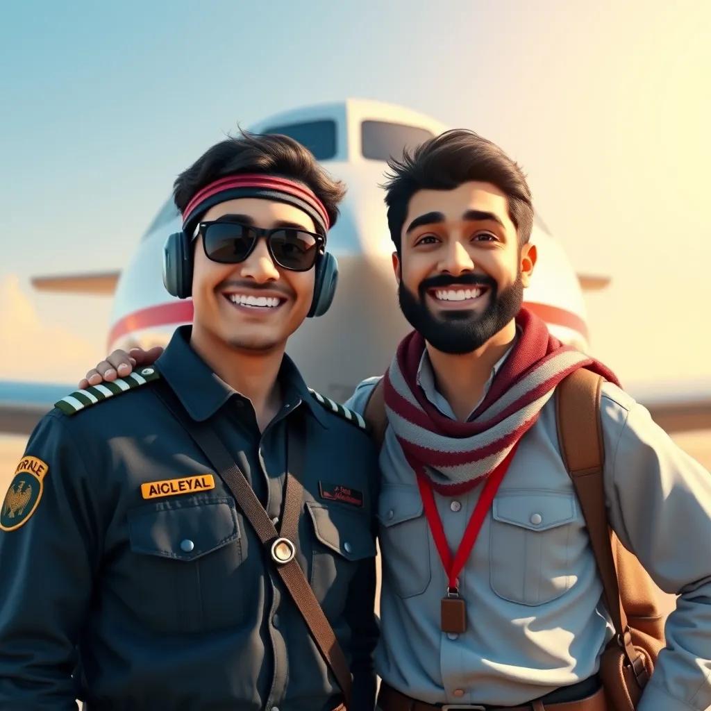 Ali dressed in a pilot uniform, proudly standing in front of his airplane with Saeed by his side, celebrating his achievements with a warm smile, bright blue sky, professional atmosphere, joyful moment, high quality