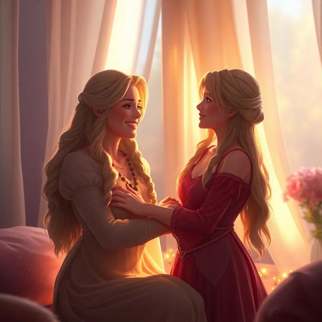 A calm and dreamy room, softly lit, where Fai smiles at Eileen reassuringly, with light flowing in through curtains, warm atmosphere, embracing friendship, digital art, vibrant colors, heartwarming scene, high quality