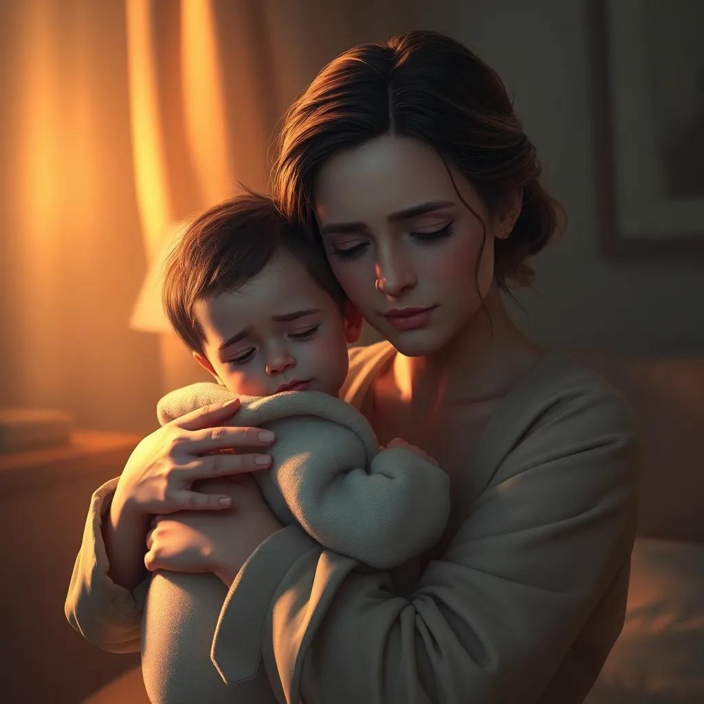 Eileen holding Fai tenderly in a softly lit room, Fai's eyes are closed, Eileen looks worried yet relieved, gentle and caring expression, warm light, deep emotions, intimate moment, digital painting, realistic, emotionally charged scene, high quality