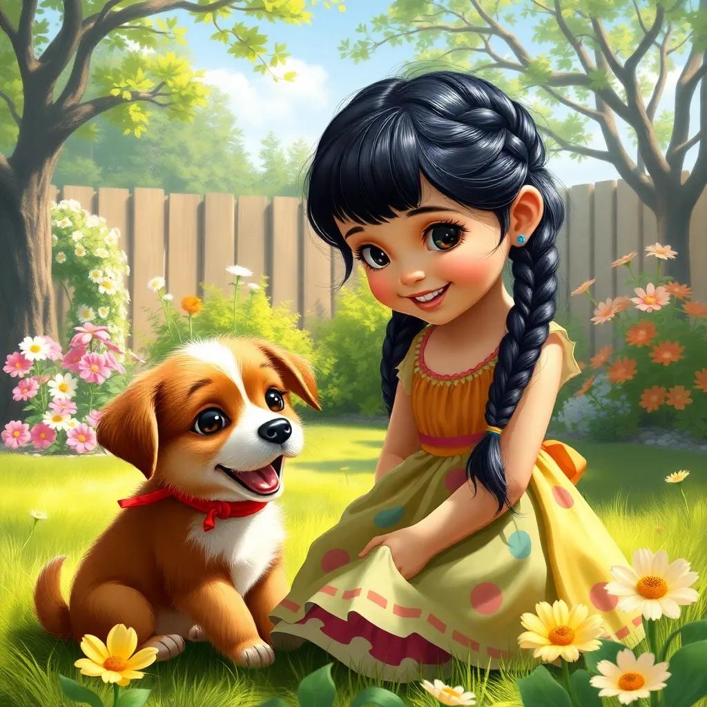 A small girl, Leila, with braided black hair wearing a colorful dress, playing with a cheerful puppy named Jack in a sunny yard with flowers and trees, digital art, bright colors, joyful atmosphere, high quality