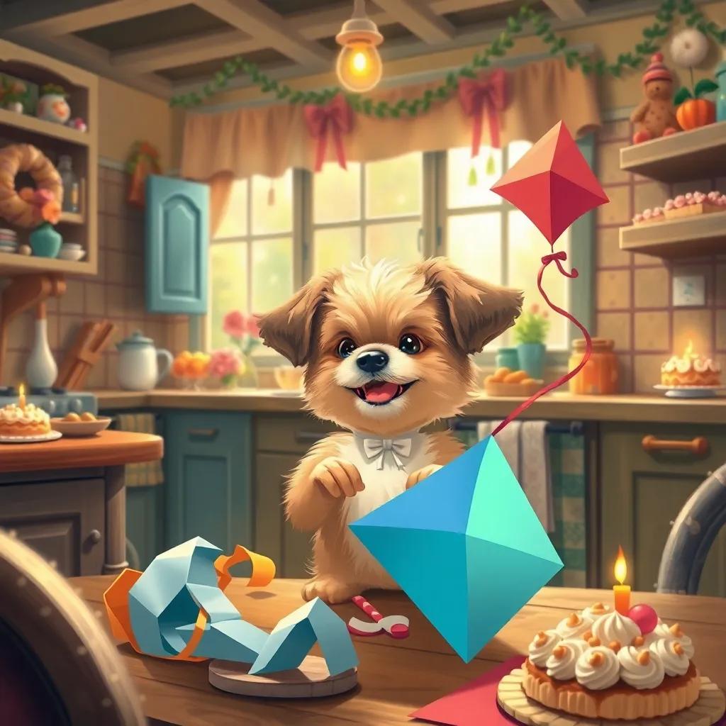 Jack, the small puppy with fluffy fur and big ears, joyfully crafting a colorful kite with bright paper in a cozy cottage kitchen, surrounded by decorations and cake, illustration, cheerful, warm light, inviting, high quality