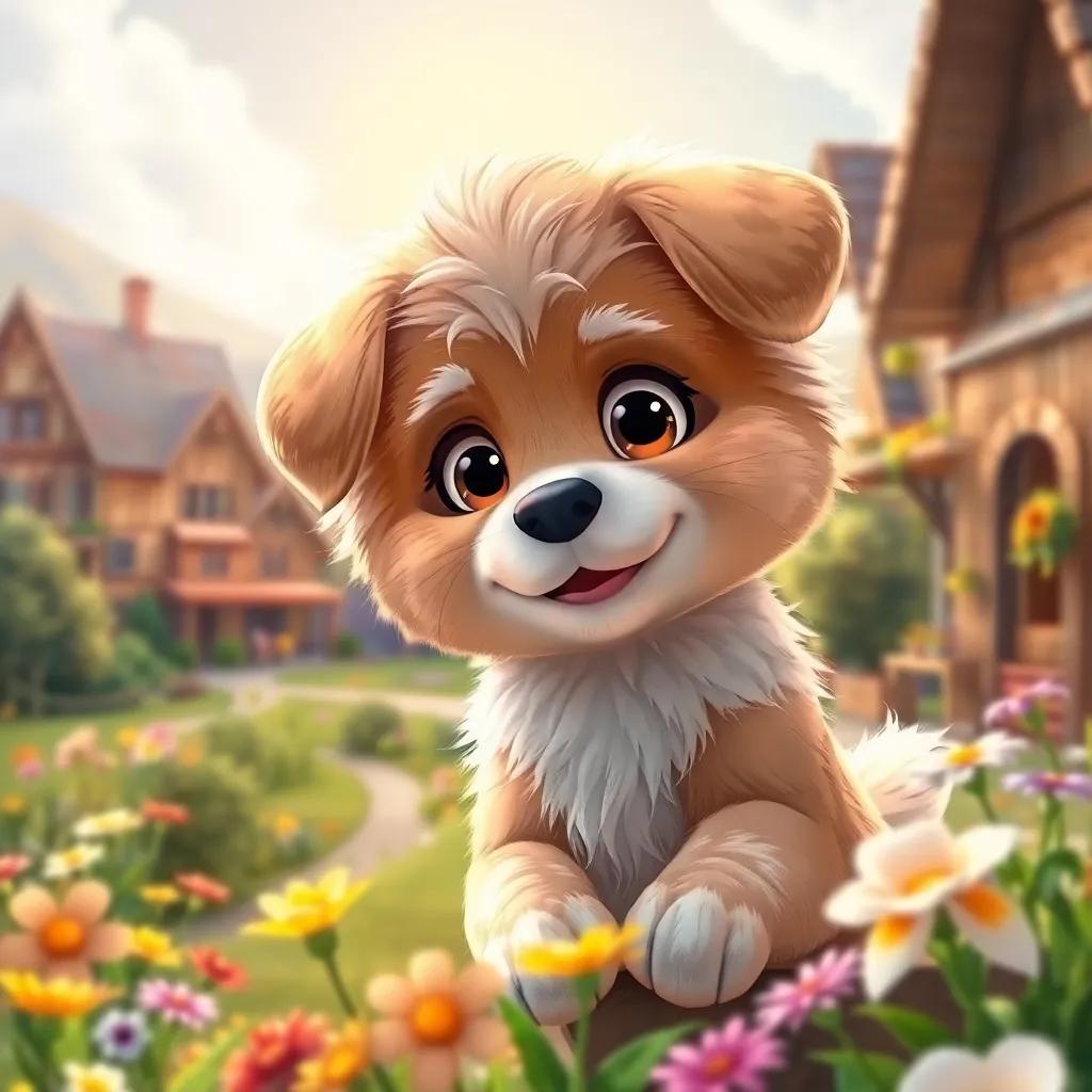 A playful puppy named Farfur, with fluffy fur and bright eyes, looking out from a cozy little village, surrounded by flowers and sunny skies, digital art, vibrant colors, joyful atmosphere, high quality