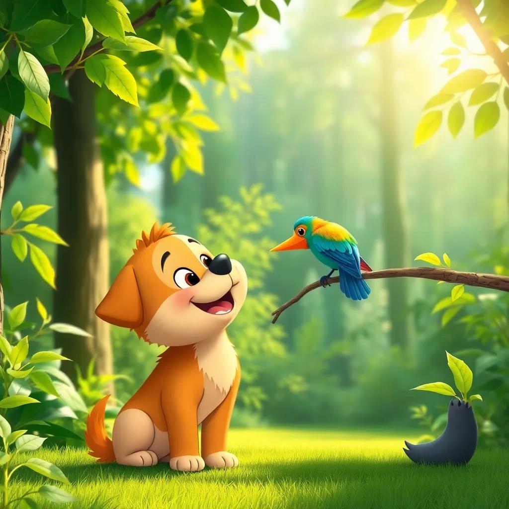 Farfur the puppy, happily interacting with a colorful bird perched on a branch in a lush green forest, bright sunlight streaming through the leaves, child-friendly illustration, cheerful, engaging scene, high quality
