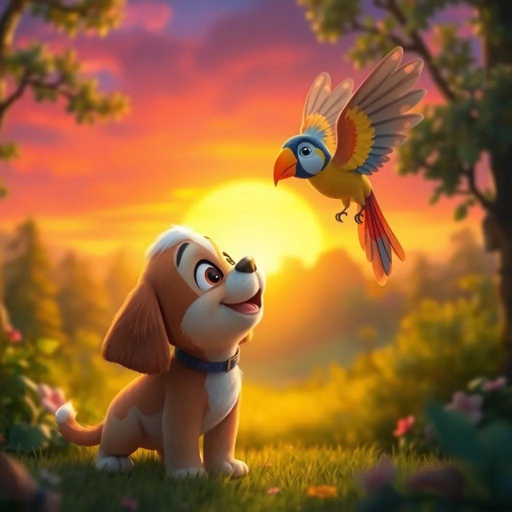 The playful puppy Farfur freed by the colorful bird, looking grateful and happy, against a backdrop of a beautiful sunset in the forest, magical atmosphere, vibrant colors, fantasy style, high quality