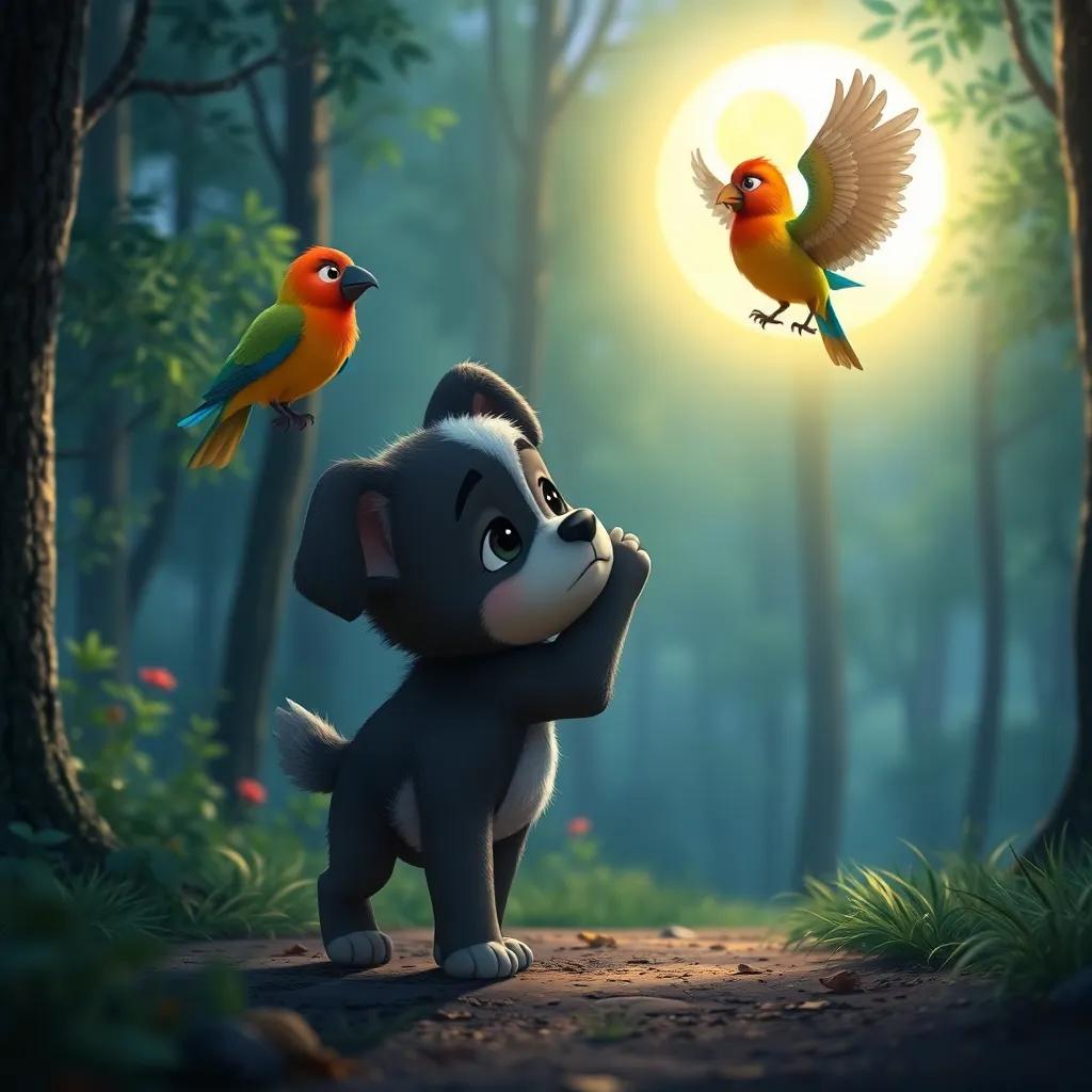 Farfur, the small puppy, sadly waving goodbye to the colorful bird as he walks home through the forest, bright moonlight guiding his path, emotional yet hopeful scene, rich colors, engaging perspective, high quality