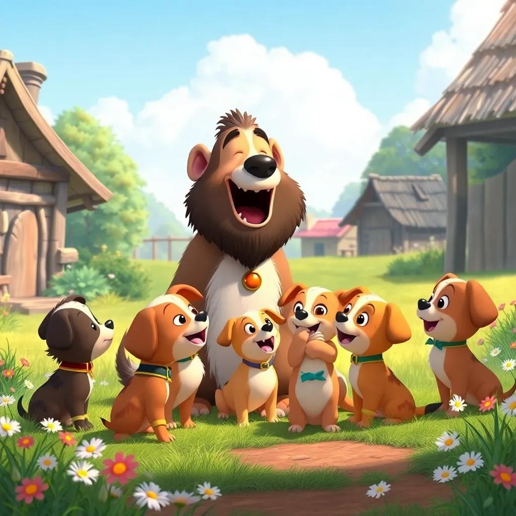 Farfur excitedly recounting his adventure to a group of eager young puppies in the village, with an animated and lively setting full of flowers and grassy patches, cheerful illustration, capturing joy and excitement, high quality