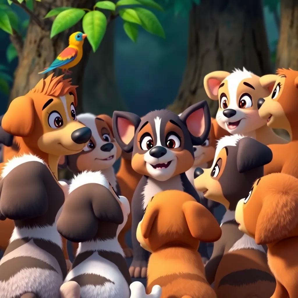A group of excited puppies gathered around Farfur, listening intently with wide eyes as he tells them about the colorful bird and his adventure in the forest, vibrant colors, friendly atmosphere, high quality