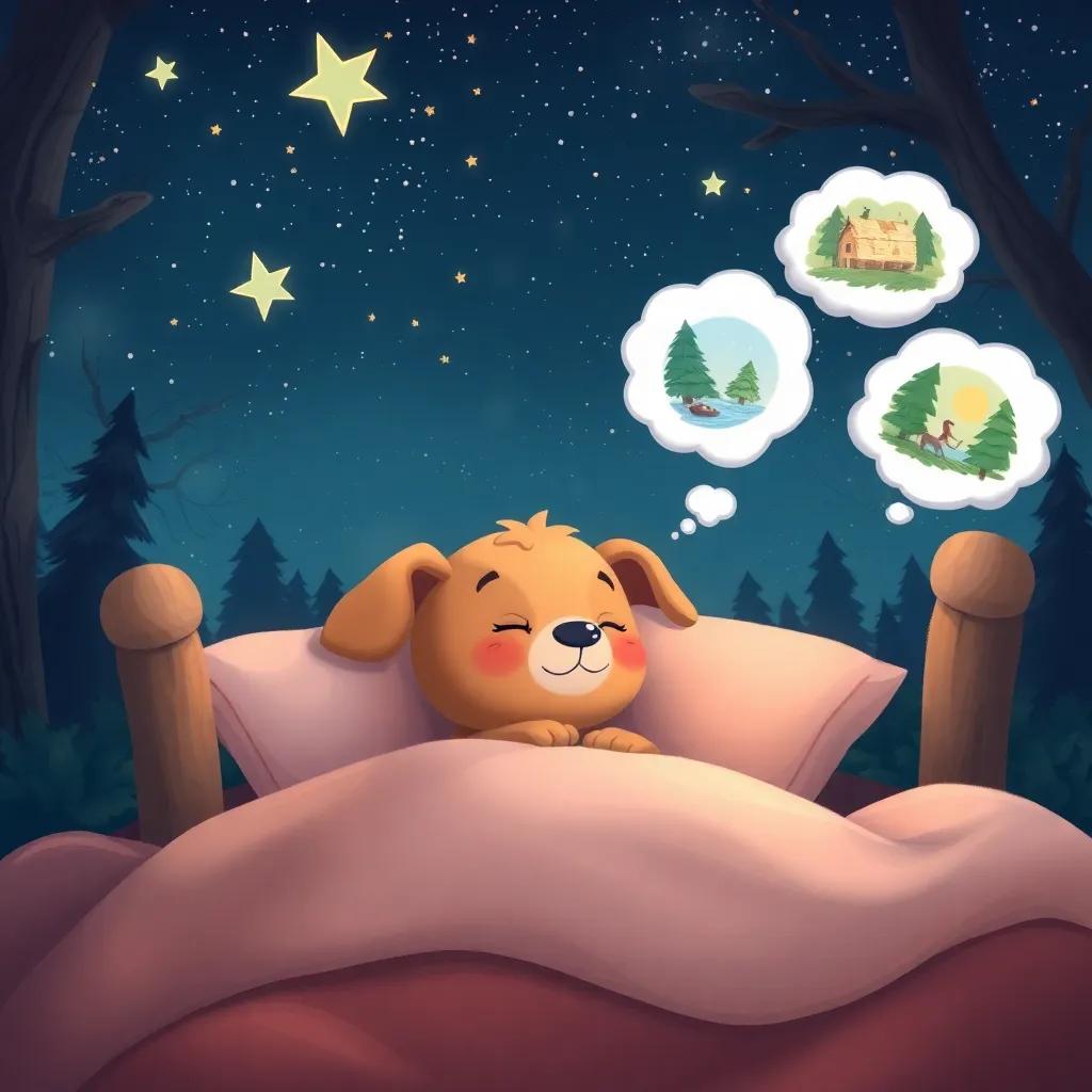Farfur, the small puppy, dreaming peacefully in his cozy bed under a starlit sky, with thought bubbles showing his adventures in the forest, magical and comforting, colorful illustration, high quality
