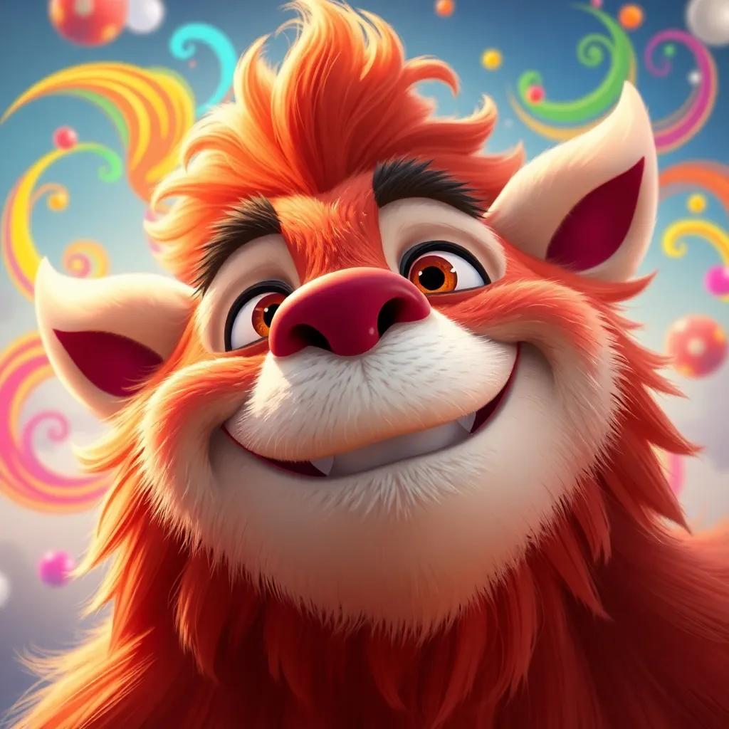 A close-up of Farfur smiling in his dreams, with colorful swirls representing his adventurous thoughts and dreams, lively colors, playful art style, high quality