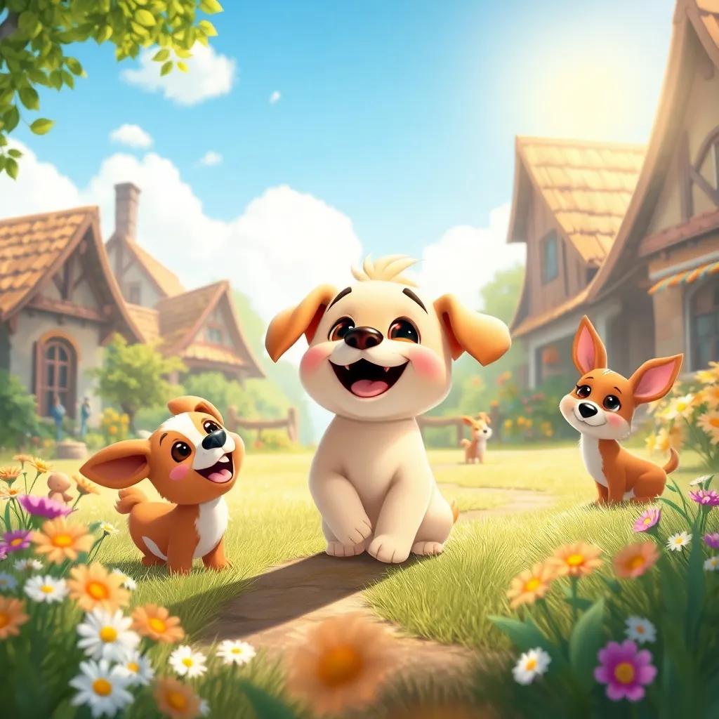 Farfur, the small mischievous puppy, joyfully playing with friends in the village, surrounded by flowers and sunshine, creating an atmosphere of friendship and joy, bright and cheerful illustration, high quality