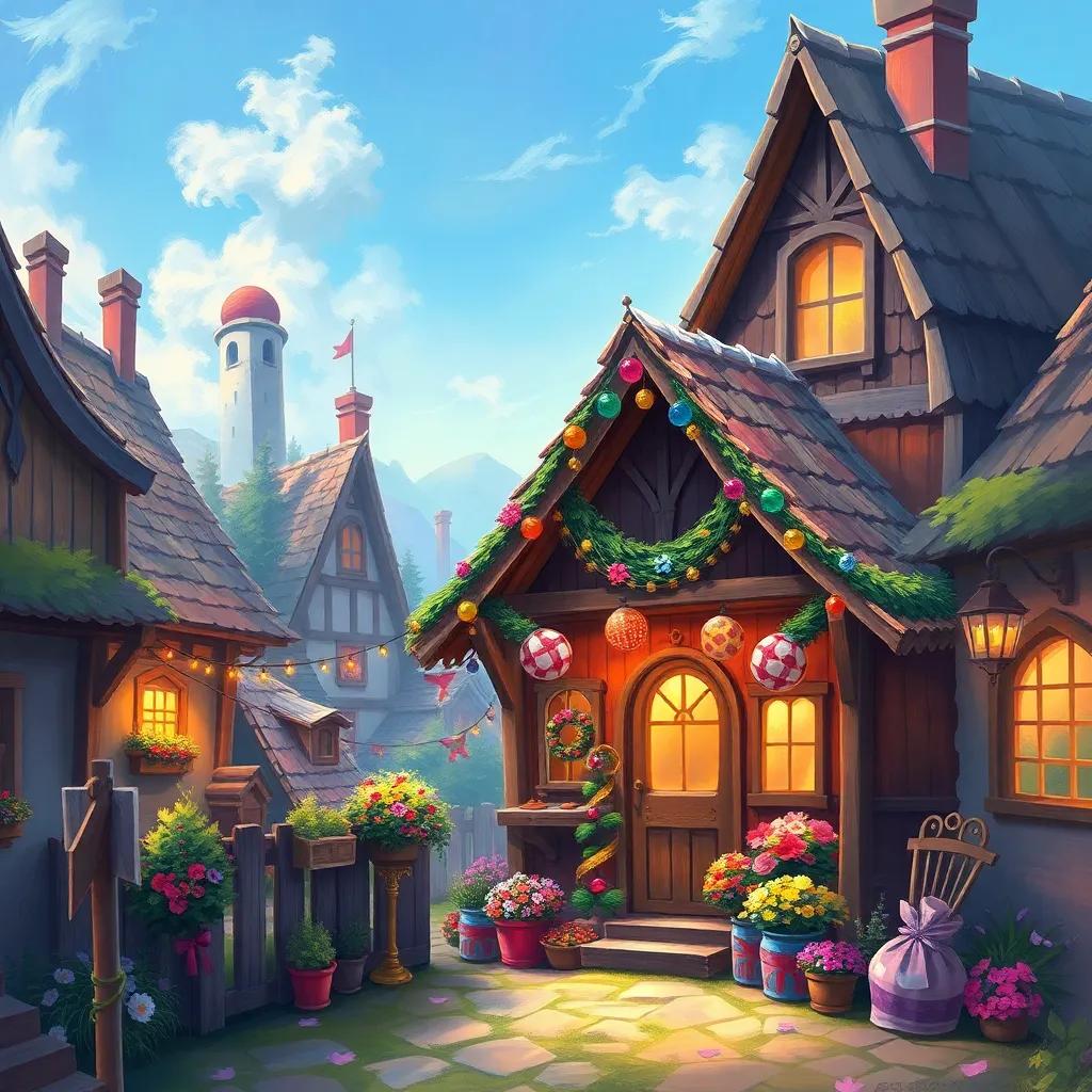 A small wooden cottage in a little village with colorful decorations for a celebration, cheerful atmosphere, digital painting, vibrant colors, warm and inviting light, detailed art, high quality
