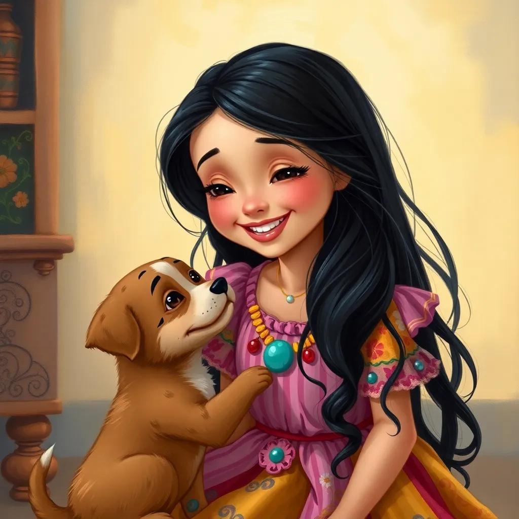 A joyful girl, Leila, with long black hair, wearing a colorful dress, smiling as she talks to her playful puppy, Jack, a small brown dog with a wagging tail, cute and lively setting, cheerful colors, warm light