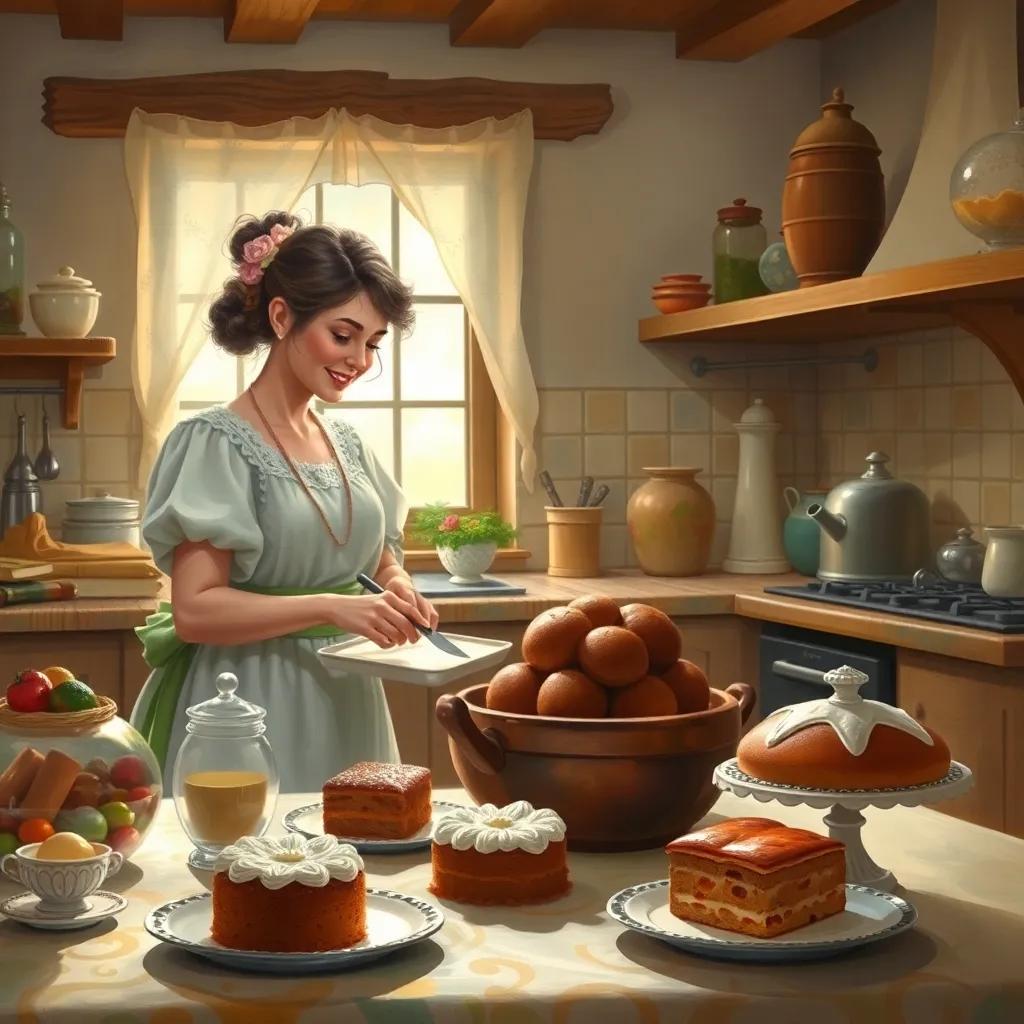A cozy kitchen scene showing the mother baking, with delicious cakes on the table, warm lighting, homey atmosphere, cheerful colors, lovely details, high quality