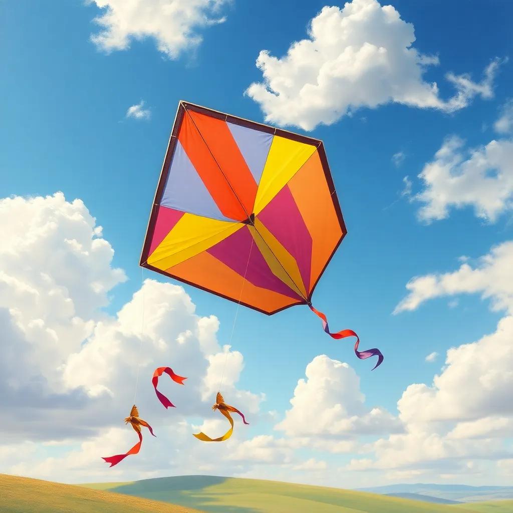 A colorful kite made by Jack, floating in the sky with bright colors, sunny day with fluffy clouds, beautiful landscape in the background, cheerful vibe, high quality