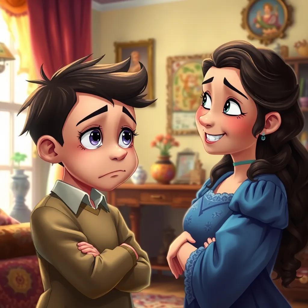 A sad Jack talking to Leila, with worried eyes, Leila smiling reassuringly, home background, bright and colorful ambiance, heartwarming scene, high quality