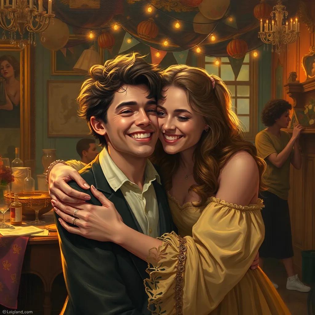 Leila comforting Jack with a joyful expression, the mess from the party in the background, warm lighting, cheerful vibe, heartwarming, high quality