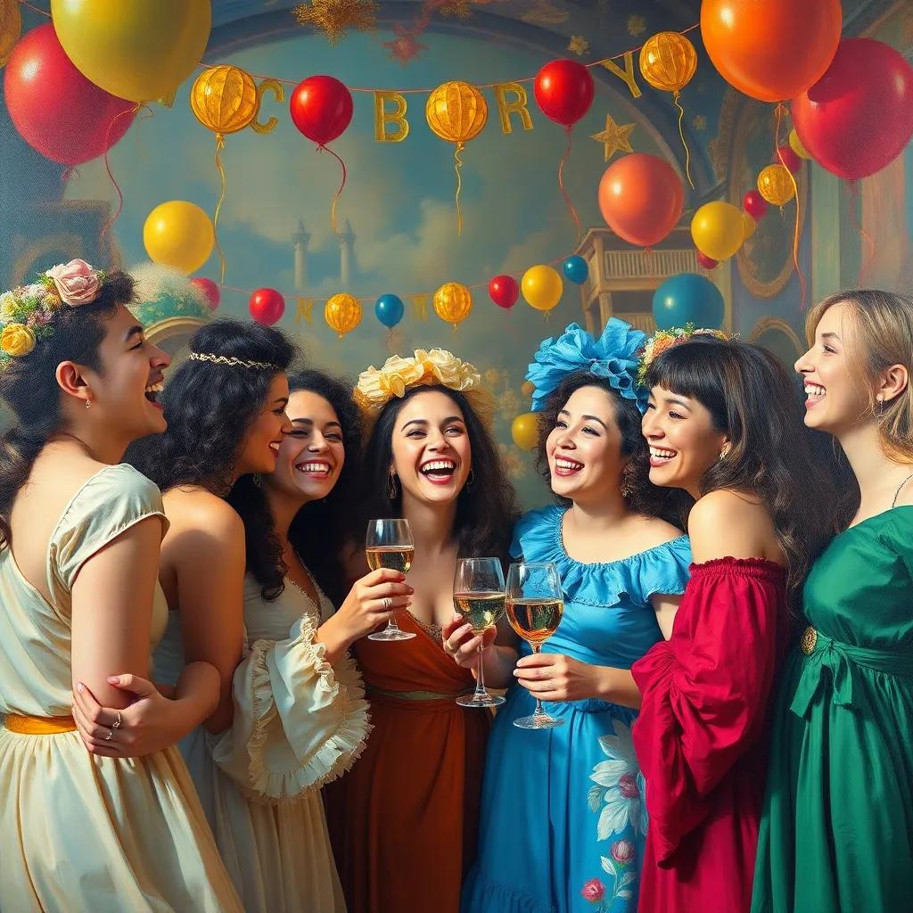 A celebration continuing after the incident, friends laughing and enjoying, vibrant colors, joyful atmosphere, high quality
