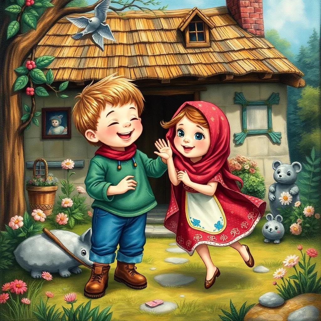 Jack and Leila playing happily, with more decorations up and a sense of friendship, cottage in the background, strong colors, high quality, child-friendly