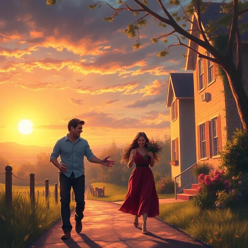 A lovely scene of a sunset with Leila and Jack walking home together, playful moment, warm glowing colors, nostalgic atmosphere, high quality
