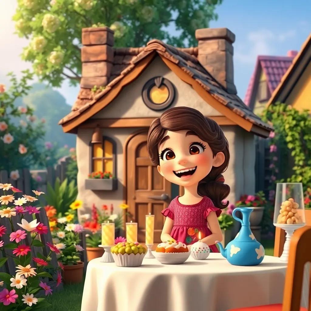 A small cottage in a quaint village, with flowers blooming around, and a young girl, Layla, with brown hair and a colorful dress, smiling excitedly by a table full of decorations. digital art, cheerful atmosphere, vibrant colors, inviting scene, high quality