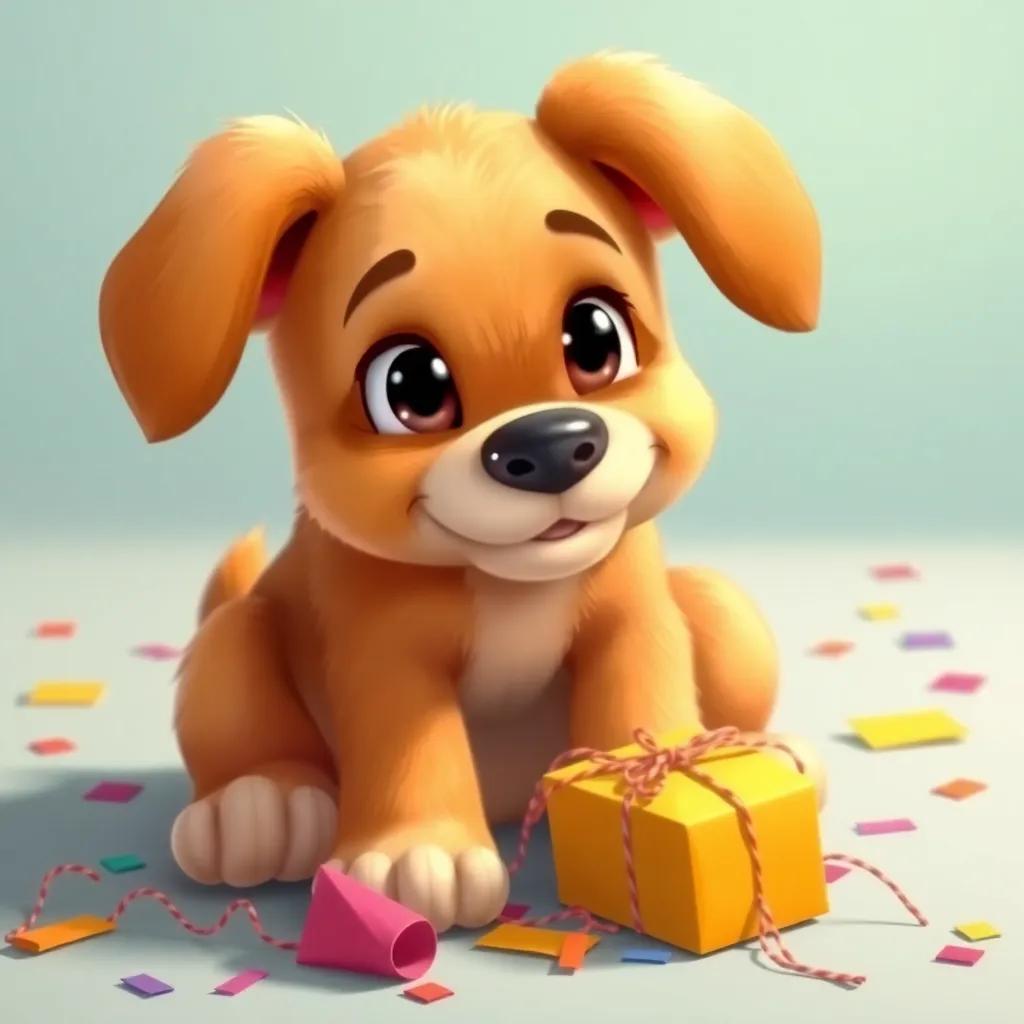 A playful puppy, looking mischievous with floppy ears and shiny fur, sitting on the ground with colorful paper and strings scattered around, planning to make a gift. illustration, bright colors, child-friendly, fun and creative