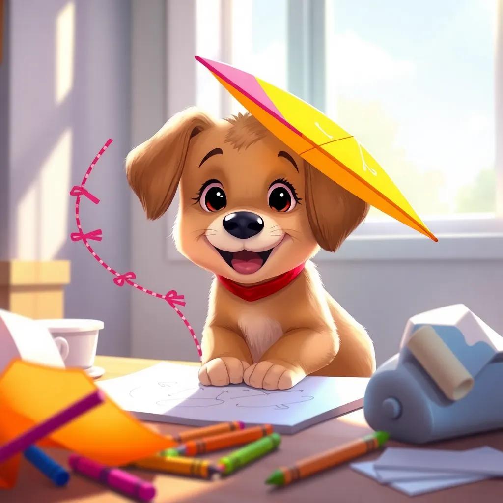 A bright and colorful kite being crafted by the puppy, with the puppy focused and happy, surrounded by paper and crayons, sunlight streaming through a window. digital painting, lively, vibrant colors, heartwarming scene, high quality