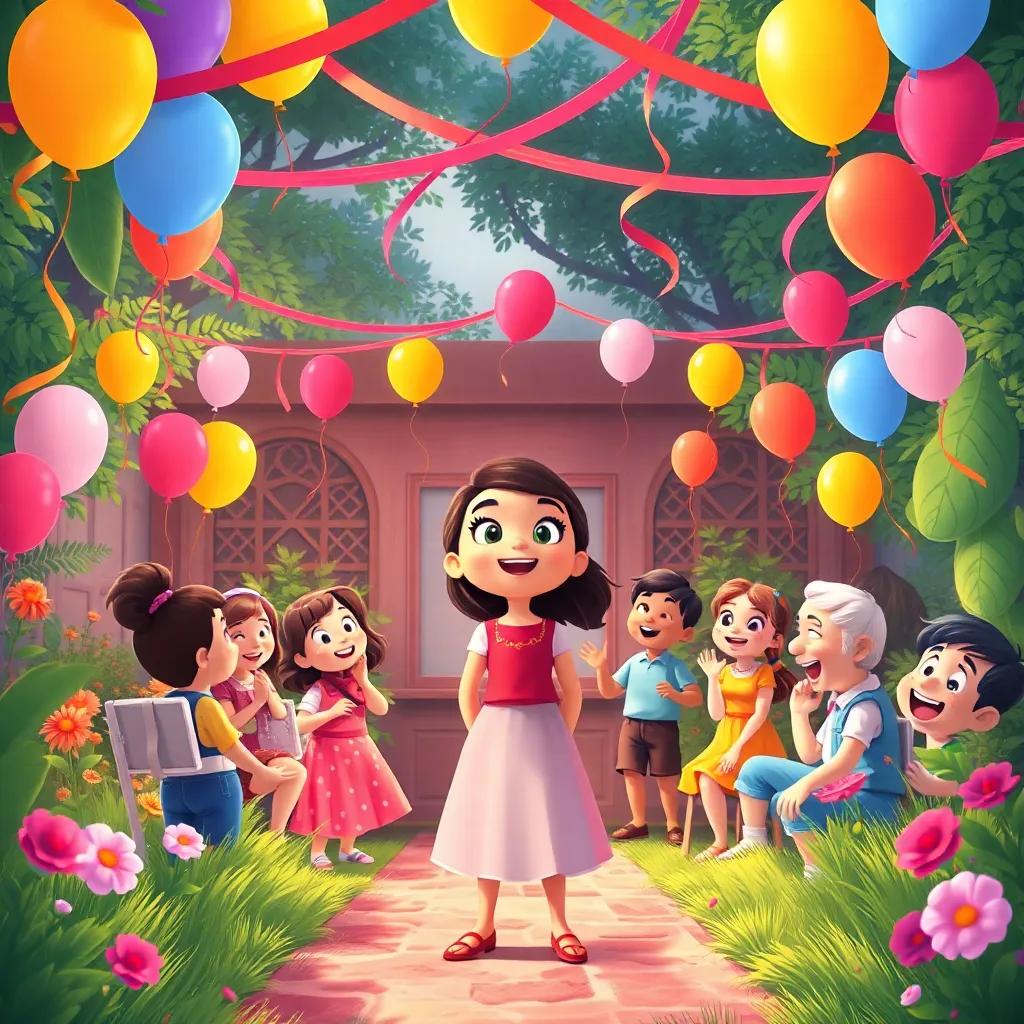 The garden filled with decorations for the party, balloons, ribbons in the air, and happy guests laughing, while Layla stands in the middle, excited. illustration, festive atmosphere, warm colors, joyful moment