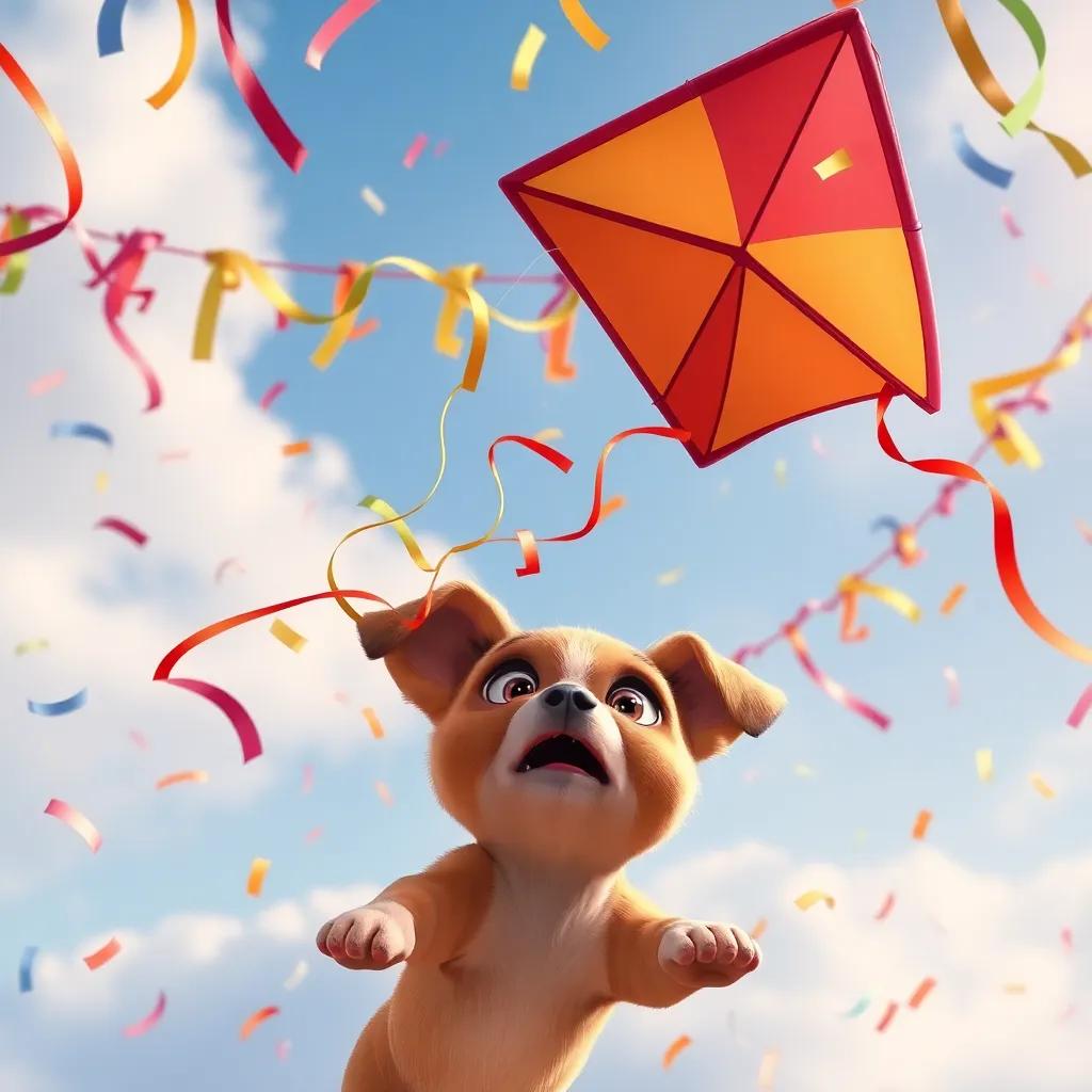 A beautiful kite flying through the air, but it collides with decorations, causing small pieces of ribbons to fall, with a shocked puppy watching. digital art, dramatic moment, colorful chaos, fun and engaging perspective