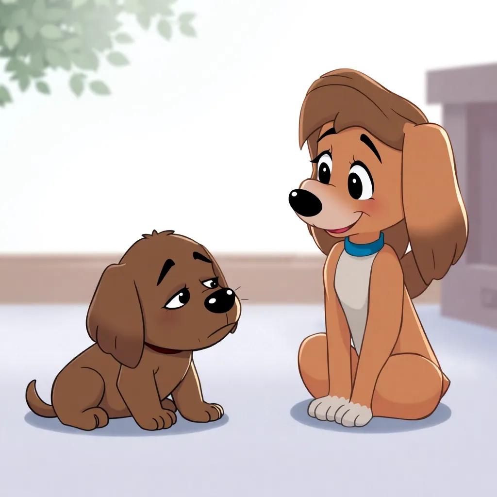 A sad puppy, sitting down with droopy ears, looking apologetic while Layla approaches him, showing her supportive smile. illustration, emotional moment, soft colors, heartwarming encounter