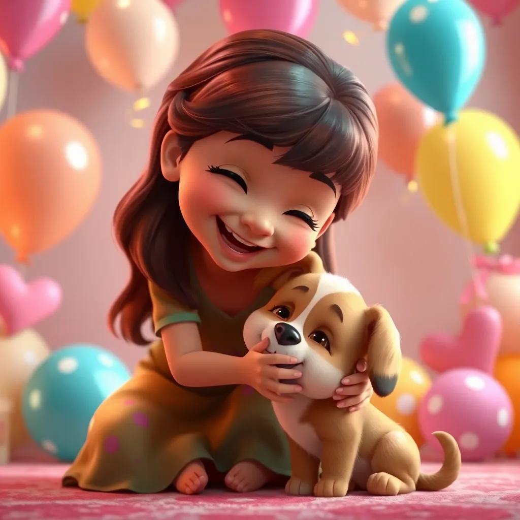 Layla with radiant joy, leaning down to hug the puppy with kindness, surrounded by balloons and decorations, showcasing their friendship and love. digital art, warm colors, loving moment, uplifting scene