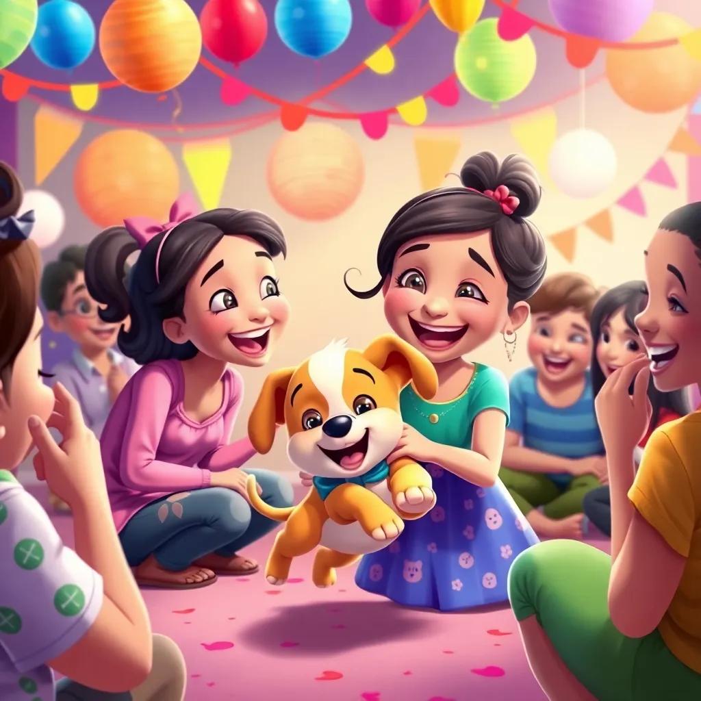 A vibrant party scene with laughter, with people around, colorful decorations, and Layla and the puppy in the center, playing together happily. illustration, festive, cheerful atmosphere, high quality