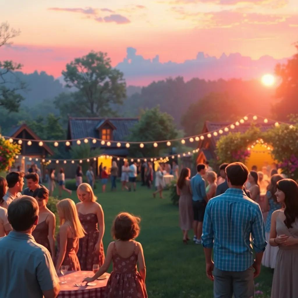 A picturesque view of the event in the cottage garden during sunset, filled with friends, and playful interactions, with a magical glow in the backdrop. digital painting, dreamy ambiance, colorful celebration, high quality