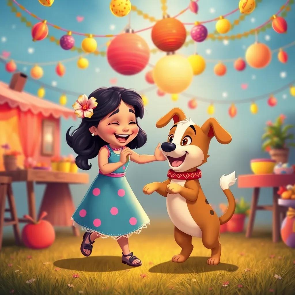 A joyful scene of Layla and the puppy dancing amidst decorations and laughter, illustrating their bond and happiness, creating a memorable moment. illustration, picturesque, lively colors, heartwarming vibe