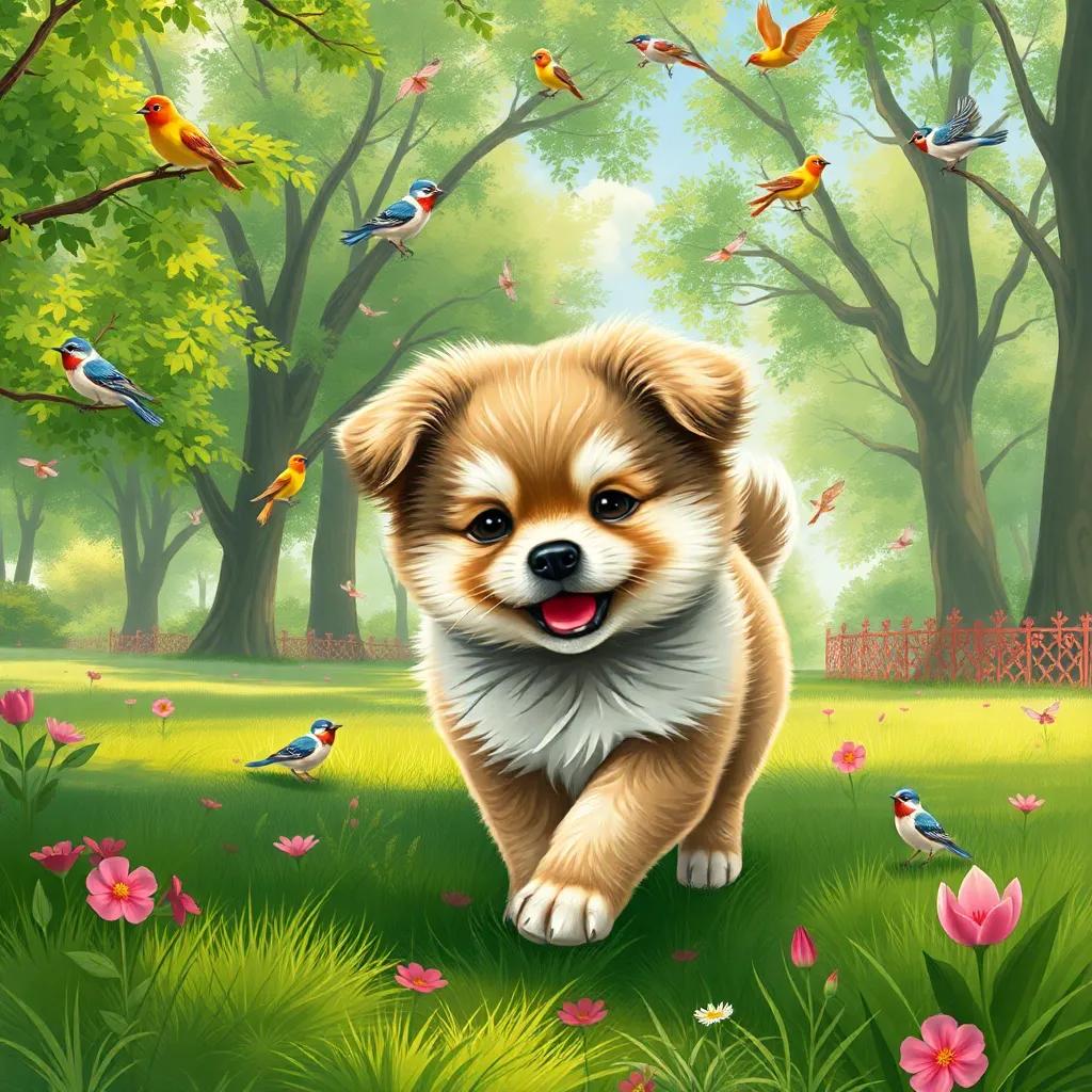 A small puppy named Zizo with fluffy fur, happily exploring a green park full of singing birds and swaying trees, digital art, vibrant colors, cheerful atmosphere, high quality