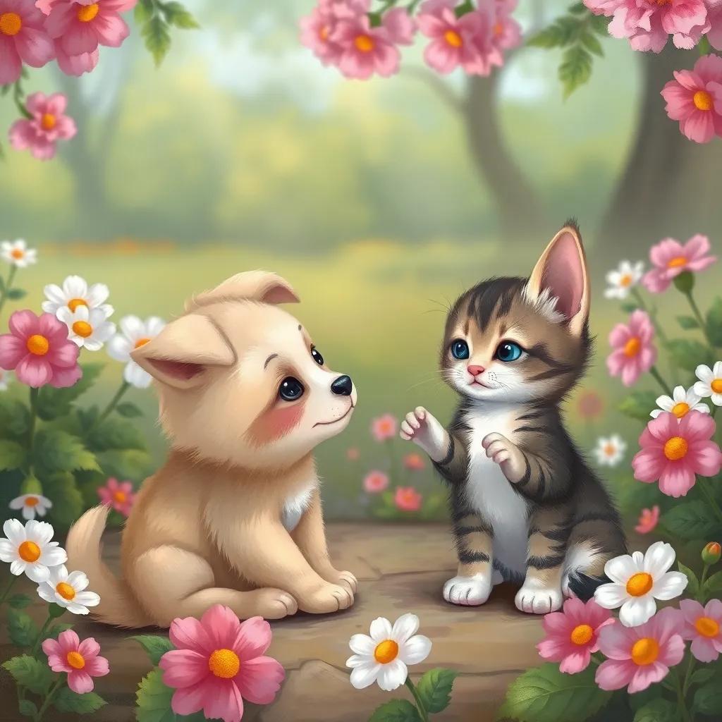 Zizo the small puppy meeting a tiny cat named Mia, with playful expressions, surrounded by flowers in the park, illustration, friendly scene, child-friendly, high quality