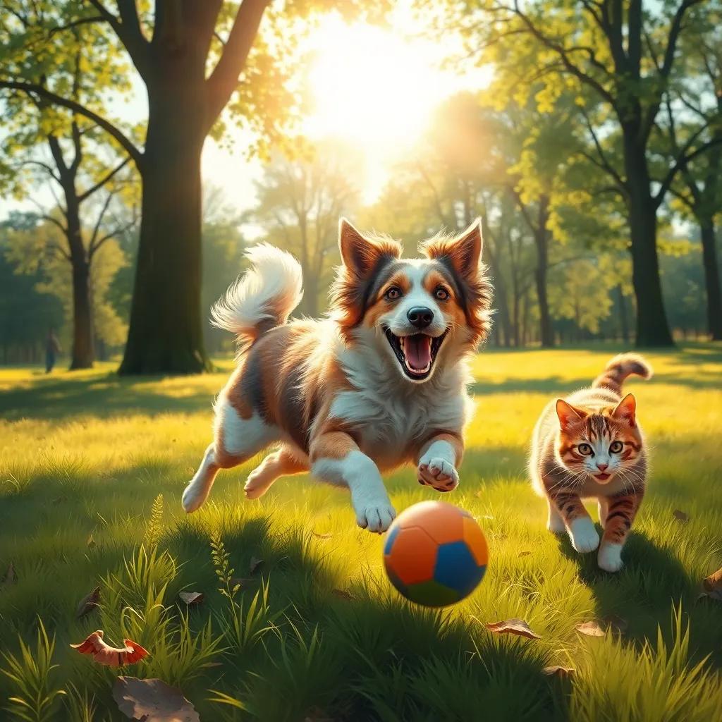 Zizo chasing a ball with excitement in the park, his fur shimmering in the sunlight, while Mia the cat playfully runs alongside him, digital painting, joyful atmosphere, dynamic energy, high quality