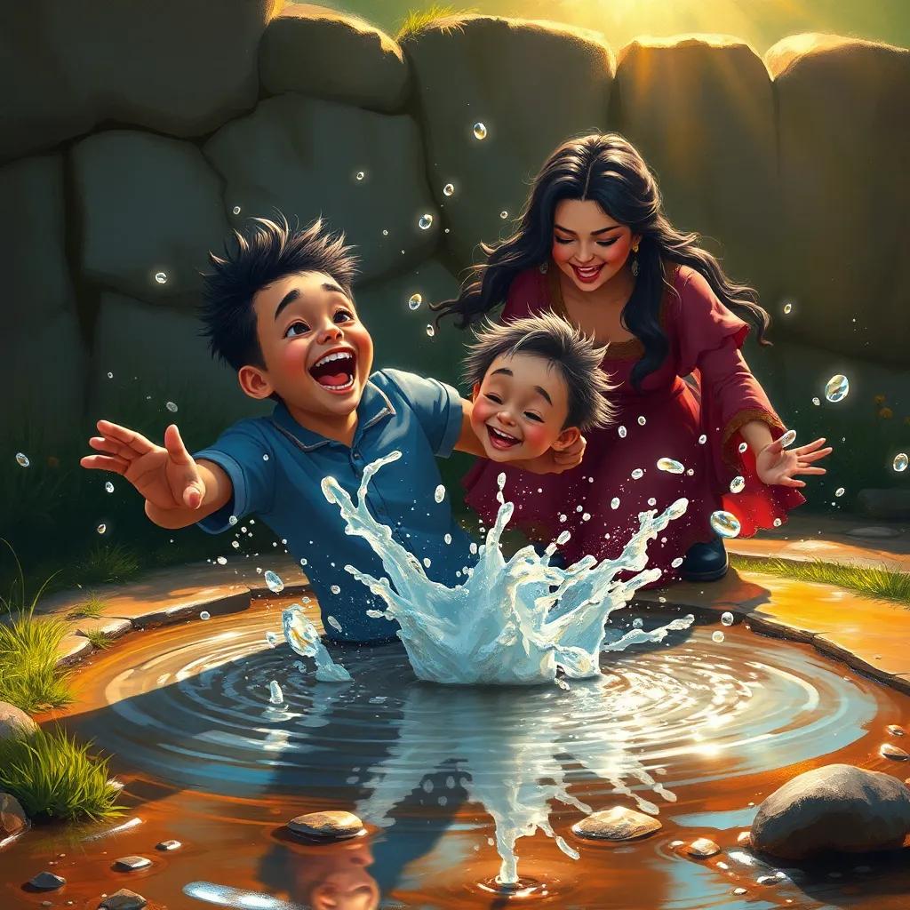 Zizo falling into a small water puddle, splashing water everywhere, with Mia laughing beside him, warm light, humorous moment, colorful scene, high quality