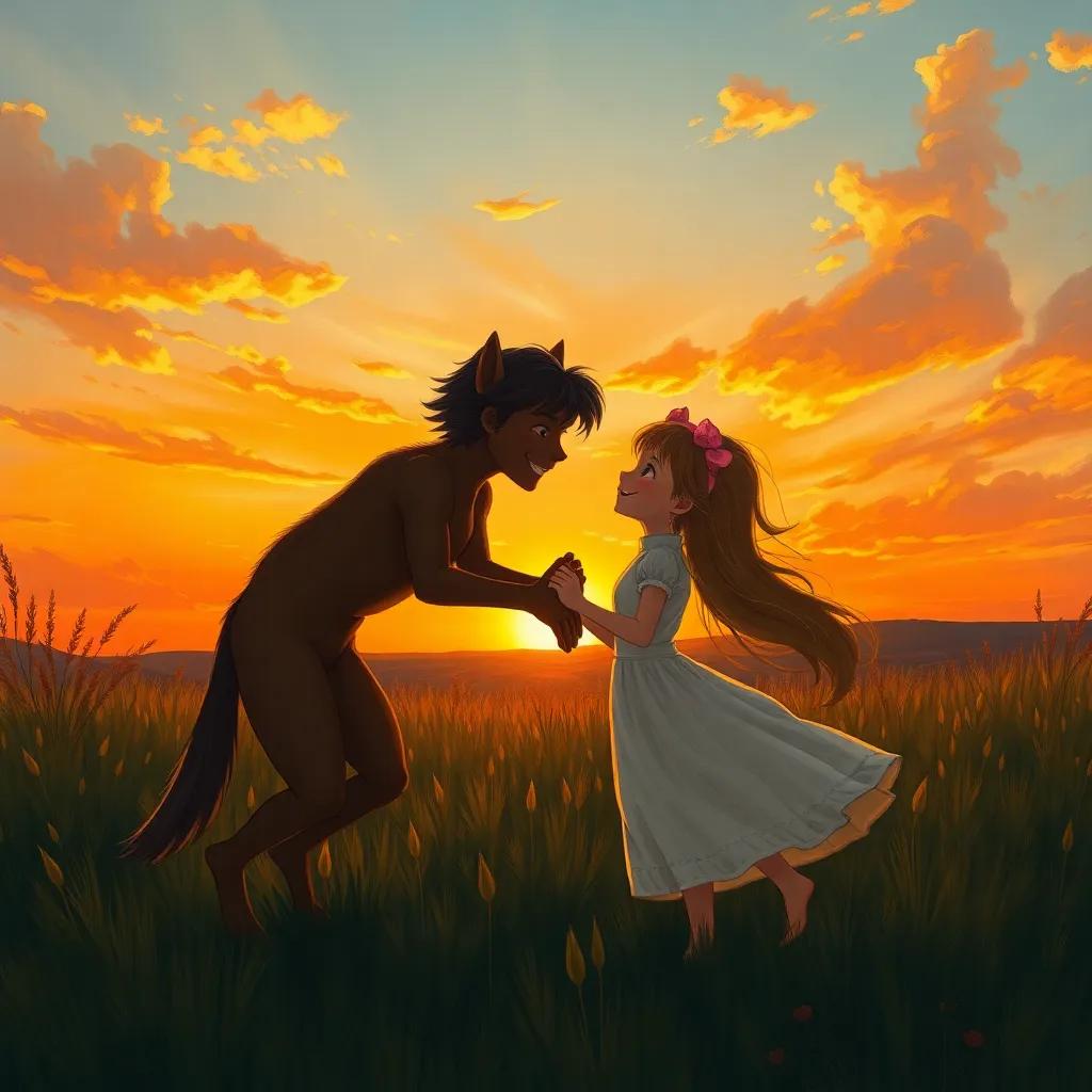 Zizo and Mia playing together at sunset, with a beautiful orange sky, looking at each other with joy, heartwarming image, emotional scene, high quality