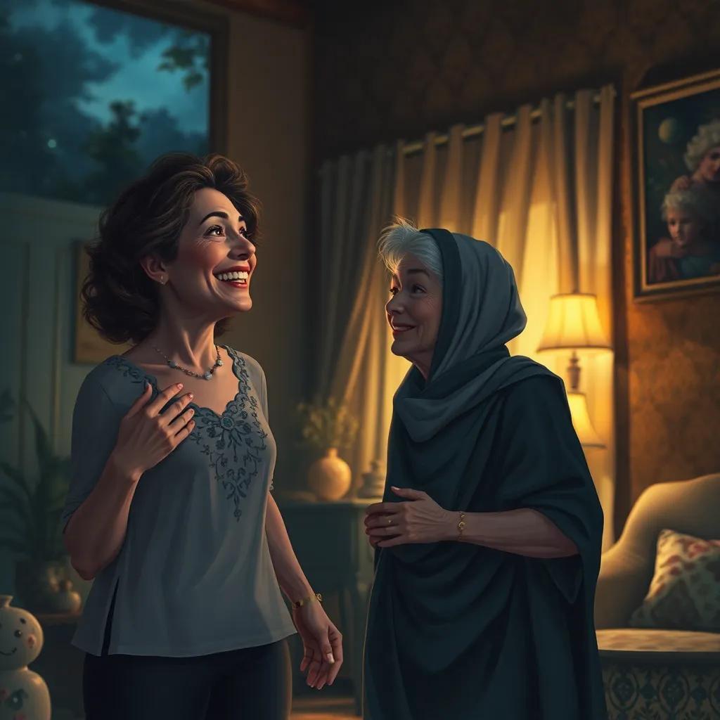 Zizo returning home at night, feeling happy, while his mother looks surprised, cozy home environment, soft light, high quality