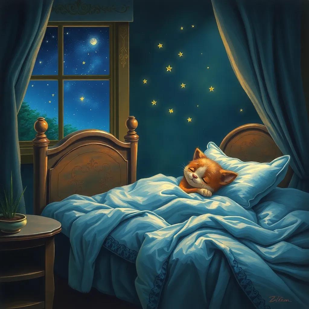 Zizo dreaming of new adventures in his bed, with stars shining outside his window, gentle night scene, peaceful atmosphere, high quality