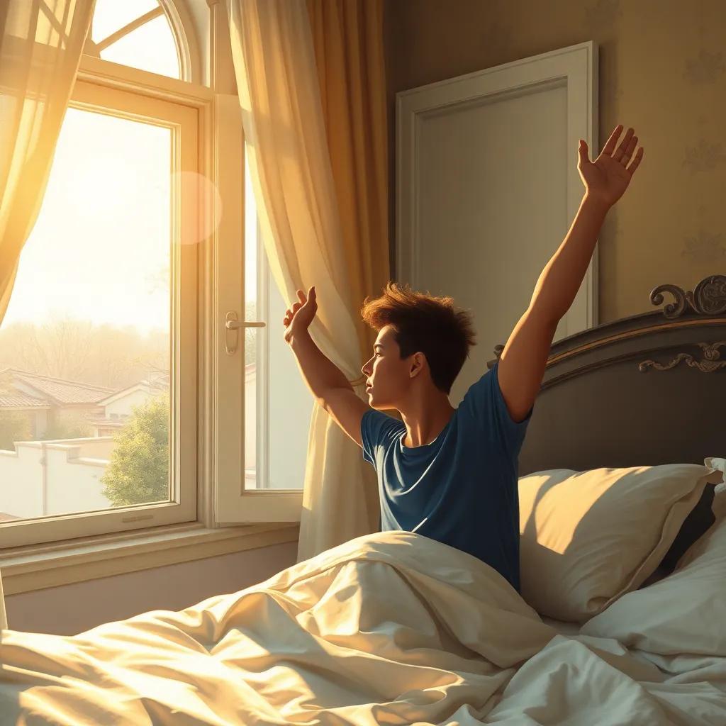 Zizo waking up excitedly in the morning, looking out the window at Mia waiting outside, bright sunlight, cheerful vibe, high quality