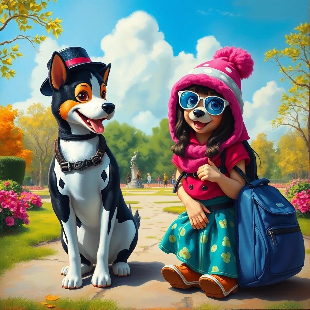Zizo and Mia gearing up for a new day of adventures, a playful atmosphere in the park, bright and colorful scene, high quality