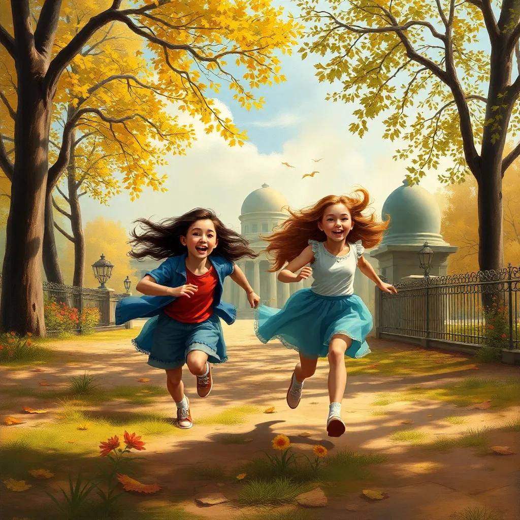 Zizo and Mia running together in the park, full of life and energy, they are best friends for life, dynamic and cheerful scene, high quality