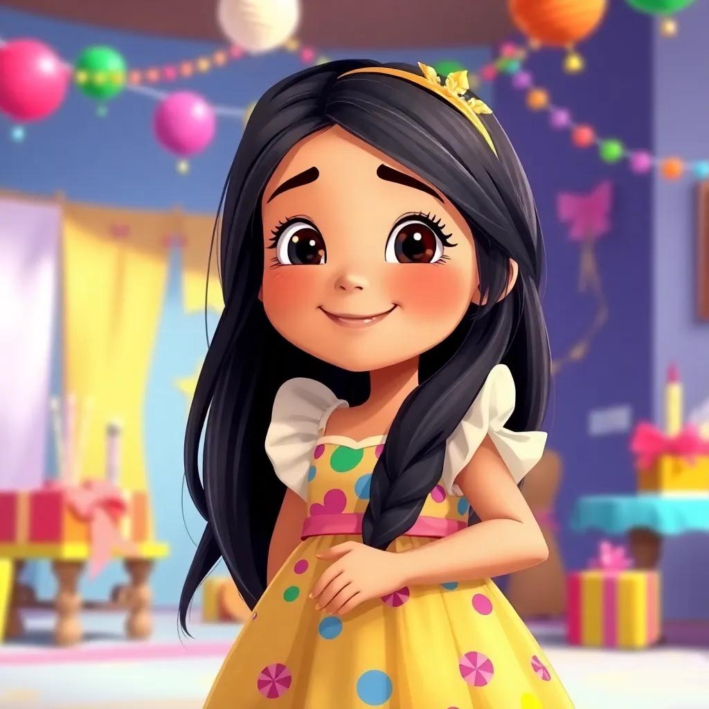 A young girl, Layla, with long dark hair wearing a colorful dress, preparing for a party with decorations, smiling and vibrant, child-friendly illustration, joyful expression